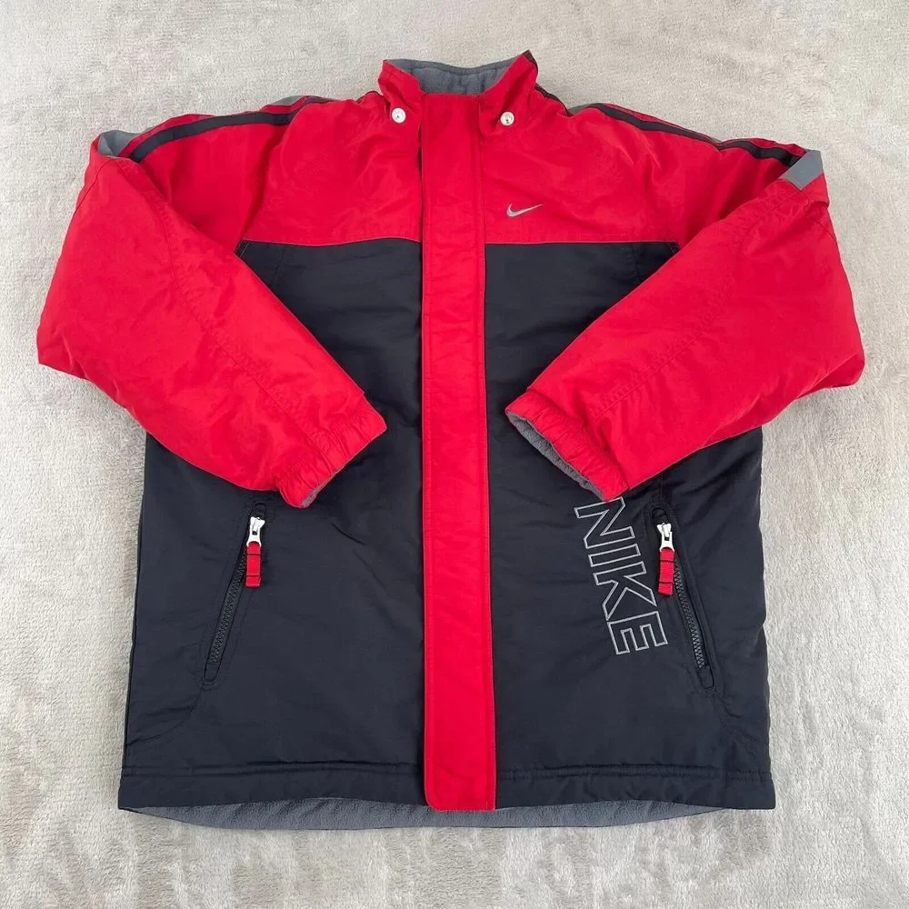 Vintage Nike Jacket Youth Large 14-16 Black Red Reversible Swoosh Large Logo Y2K